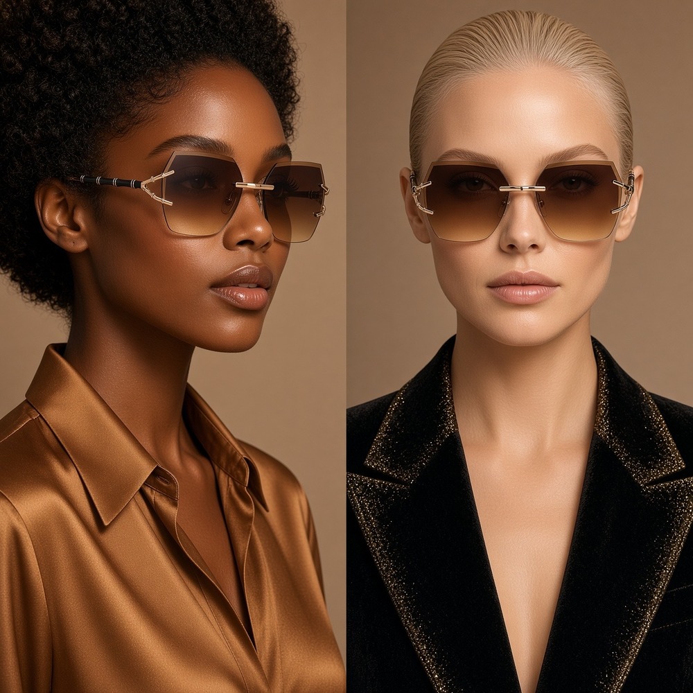 Sunglasses Women Brown Lens Rimless Oversized Oversized Cat Eye Vintage Fancy